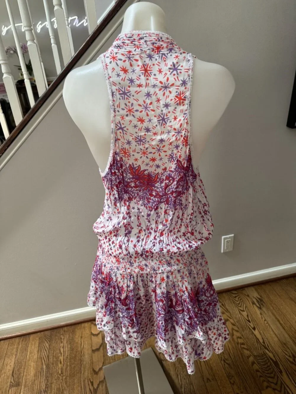 Poupette St. Barth Jolie Tiered Mini Dress White Purple Pink Floral Medium